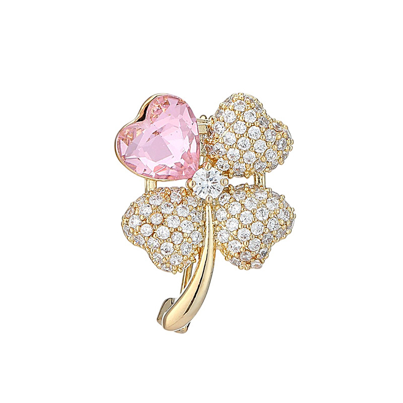 Gold Tone Four - Leaf Clover Brooch With Pink Heart - Shaped Gem And Central Diamond Accent Elegant Daily Jewelry And Gift For Her High Quality And St
