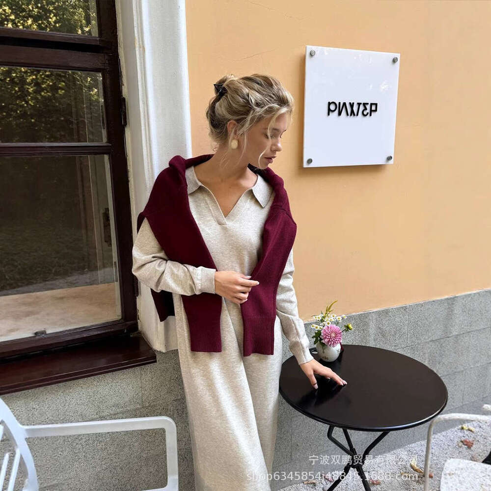 Autumn Winter Scissors Collar Soft Sweater Elegant Versatile Loose Long Dress Ins Style B5