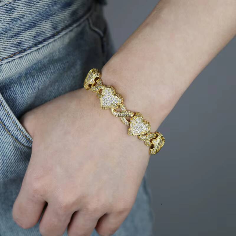 Heart Design Fashion Chain Link Bracelets Moissanite-Iced Out Hip Hop Style Brass Cuban Link Bracelets