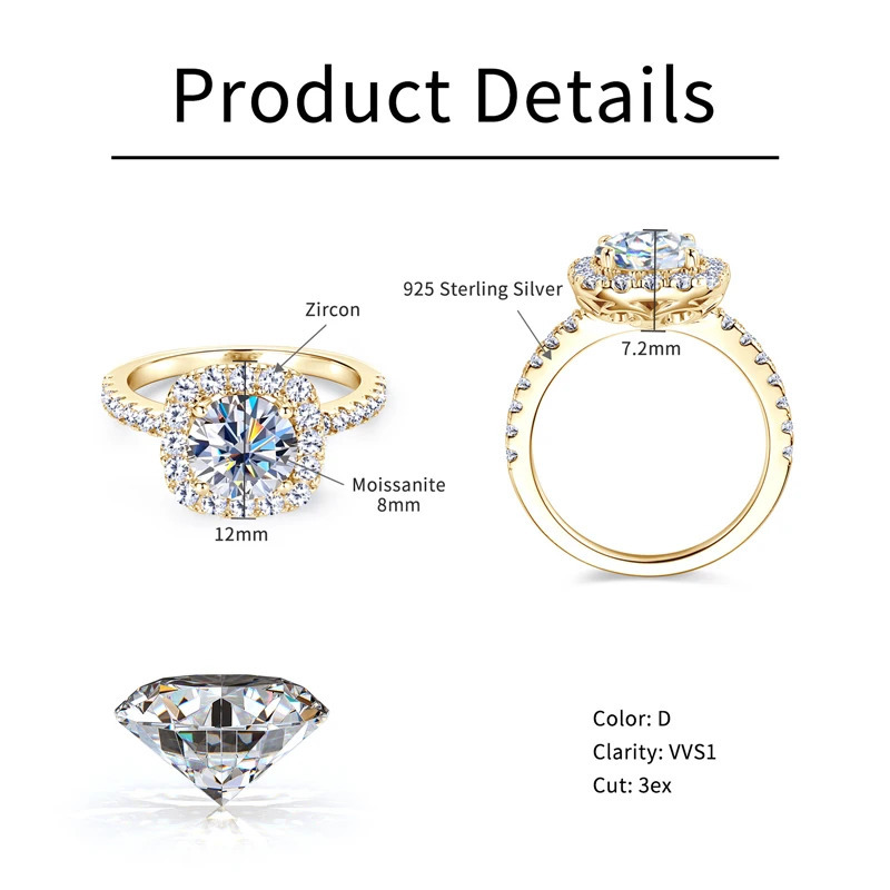 RAPRGOLD 2CT D Color Ring s925 Sterling Silver Brilliant Diamond Halo Engagement Rings for Women Fine Jewelry Gifts 250722