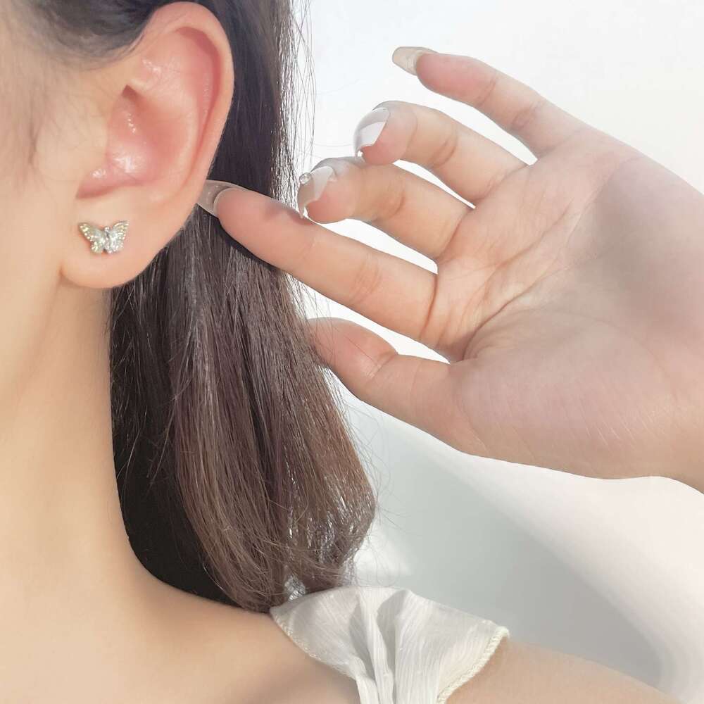 Artistic Style Yellow and Oil Drop Mini Horse Eye Zircon Butterfly Light Sier Needle Gradient Blue Hoop Earrings 88f