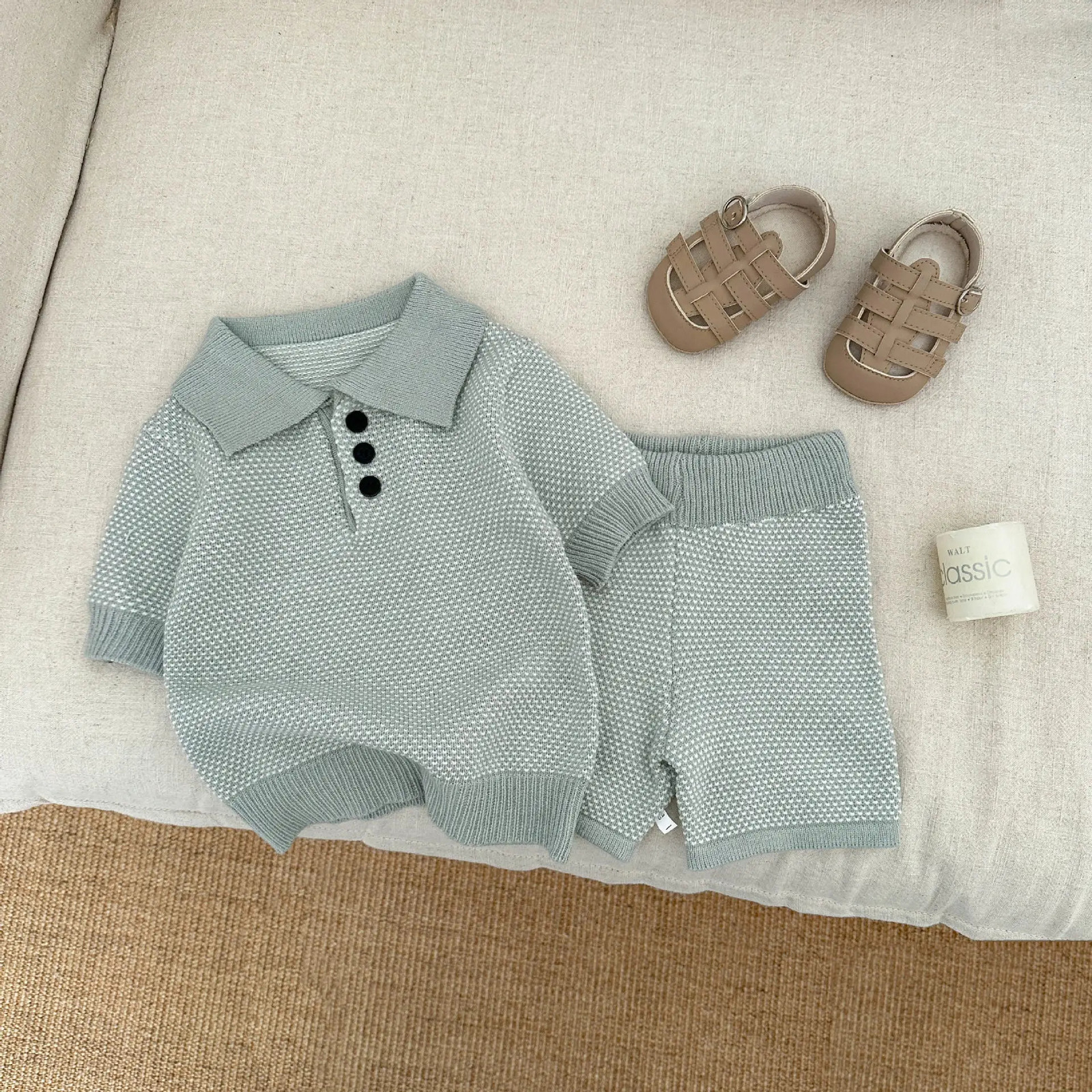 Korean Childrens Clothing Boys Knitted Suit Stylish Baby Thin Breathable Polo Shirt Short Sleeved Five Quarter Pants 250729