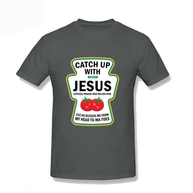 Men Christian Catch Up With Jesus Ketchup T-Shirt Family Student Tee Shirt Men's 100% Cotton Haruku Short Sleeve Tops