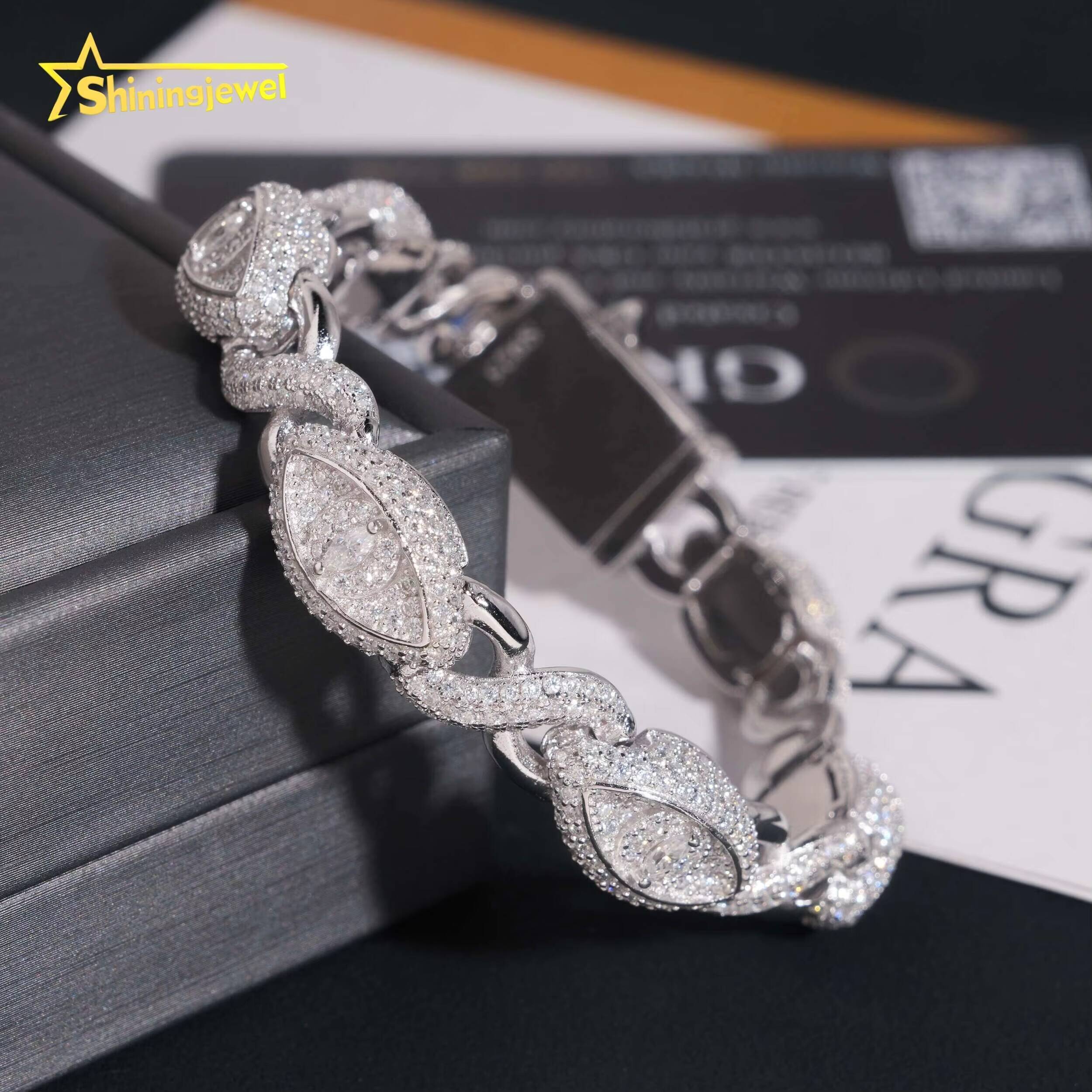 925 Silver Moissanite Cuff Bracelet for Unisex Fashion Diamond Cut Cuban Chain Iced Out Silver Hip Hop Jewelry