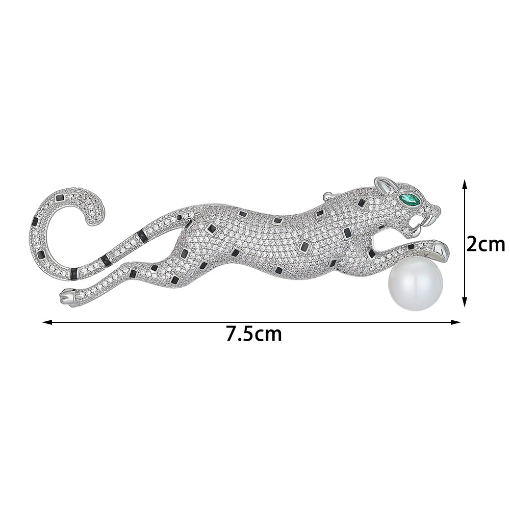 Silver Tone Rhinestone - Encrusted Leopard Brooch With Black Accents, Green Gemstone Eyes And Pearl In Mouth Bold Party Jewelry And Gift For Him/Her H