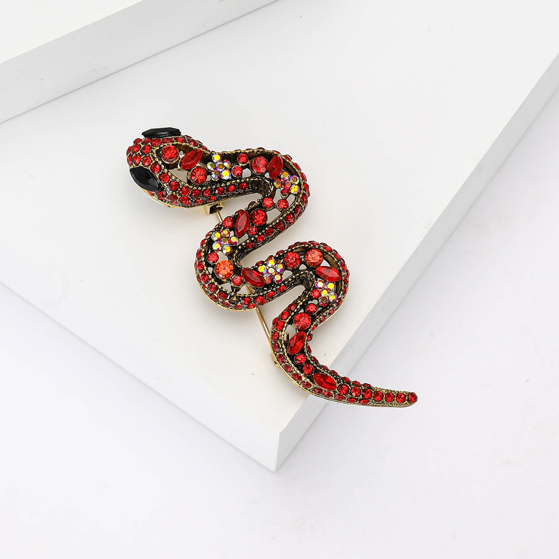 Gold Tone Red Rhinestone - Encrusted Snake Brooch With Colorful Accents Bold Party Jewelry And Gift For Her High Quality And Stylish Jewelry