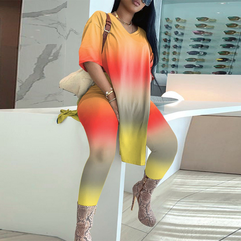 F1371 New Womens Gradient Color Hem Split Top Fashion Slim Fit Set