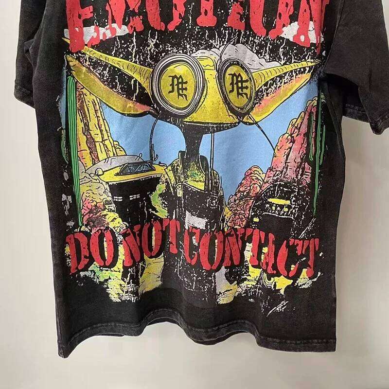 Streetwear Vintage Washed Black MIXED EMOTION T Shirt Men Women Top Quality Cotton Tee Cracked Graphics Print Oversized T-Shirt