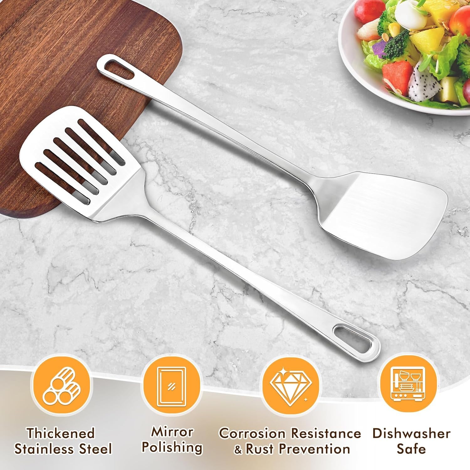 2-Pack Stainless Steel Spatulas Set - Solid & Slotted Turner - Heavy Duty 18/10 Kitchen Spatula for High Heat Cooking (Fish/Pancakes/Eggs) - Dishwashe