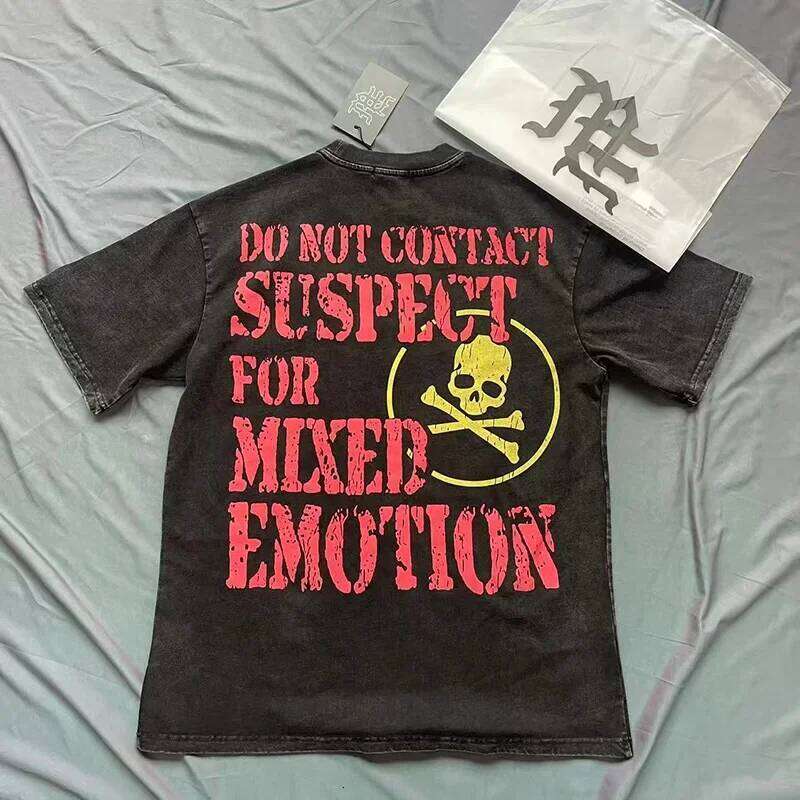 Streetwear Vintage Washed Black MIXED EMOTION T Shirt Men Women Top Quality Cotton Tee Cracked Graphics Print Oversized T-Shirt