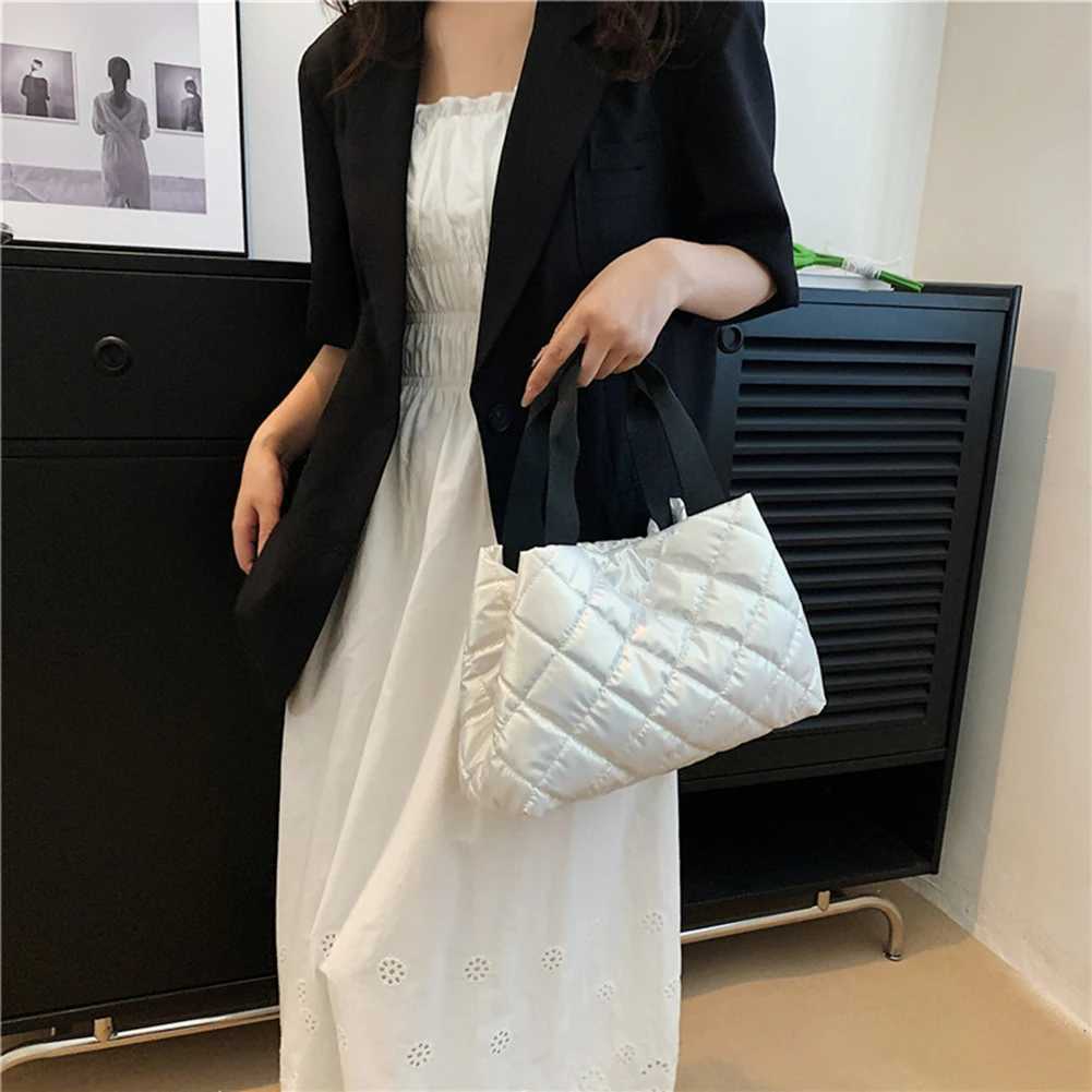 100% Cotton Quilted Hobo Handbag Large Capacity Puffer Shoulder Bag Soft Solid Color Portable Cotton for Shopper Travel Y250730