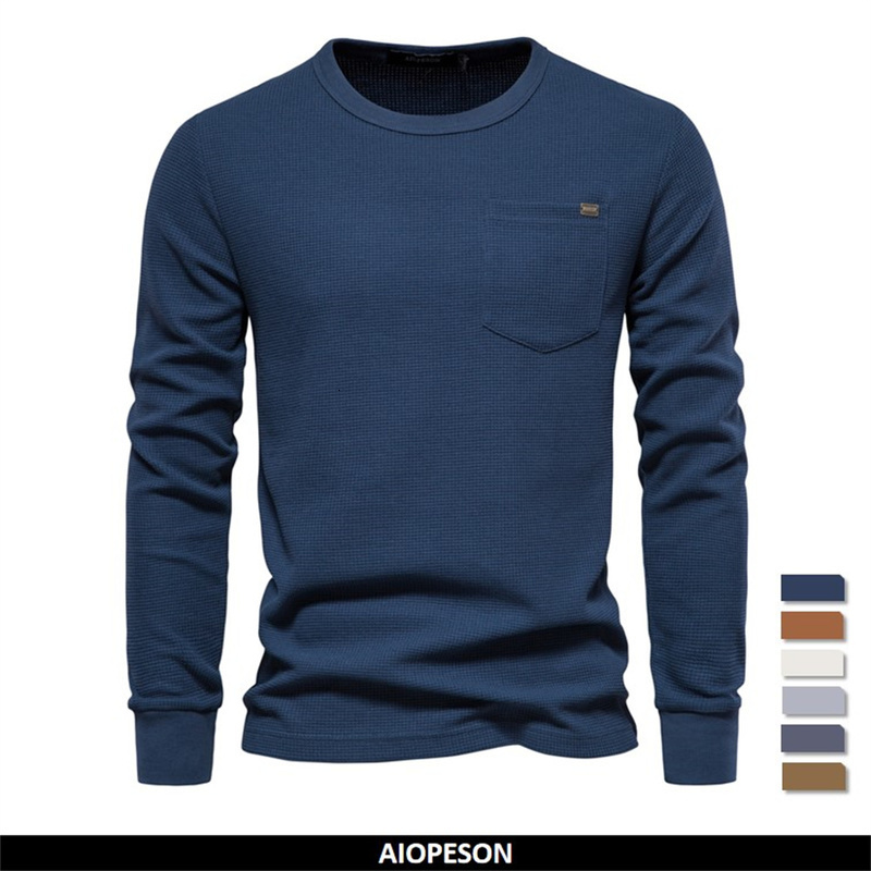 100% Cotton Solid Color Tshirt for Men Single Pocket Long Sleeve Tshirts Autumn Basic Breathable Tops Men 250729