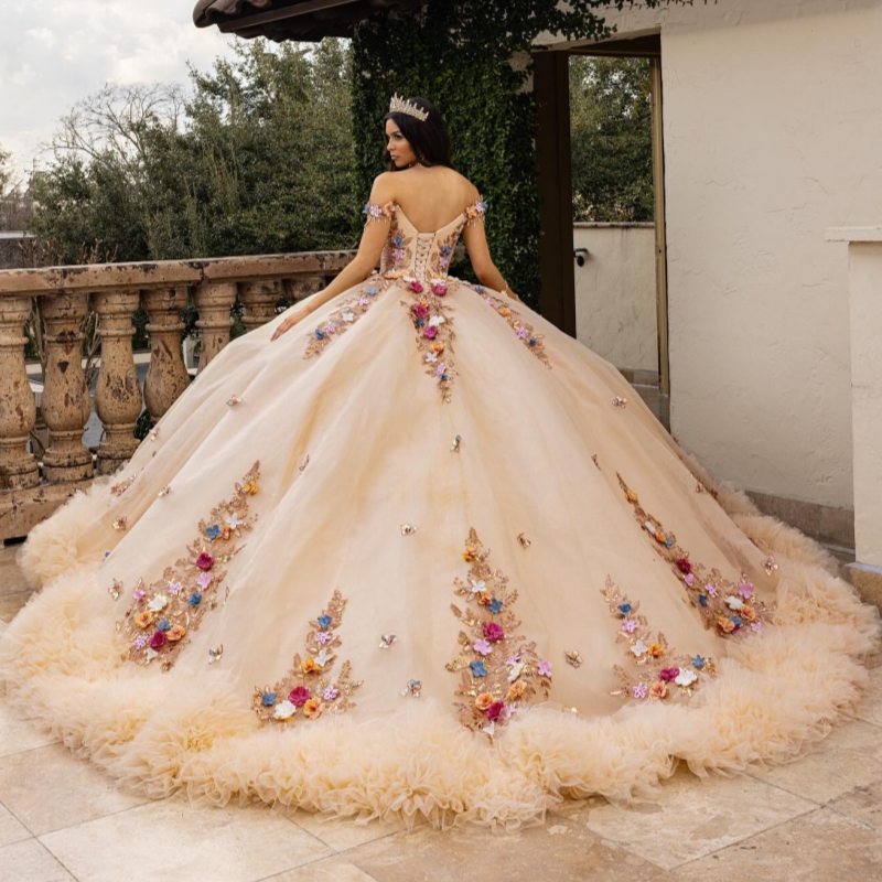 Champagne Quinceanera Dresses Off The Shoulder Applique Flower Beads Tiered Tull Ball Gown Vestidos De 15 Anos Sweet 16 Dress