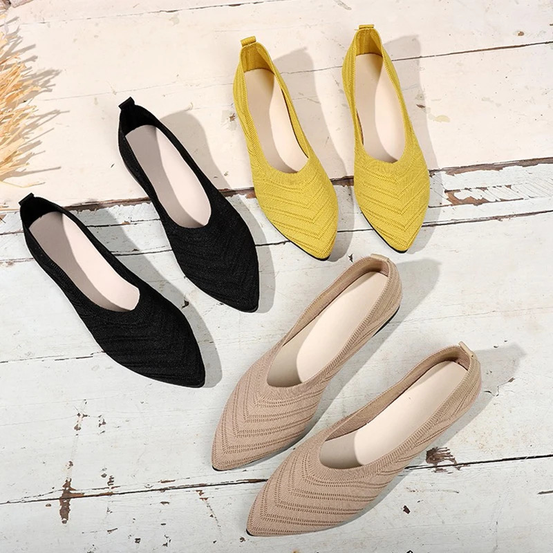 Womens Pointed Toe Flat Shoes Solid Color Knitted Slip on Shoes Casual Breathable Ballet Flats Women Flat Shoes Loafers Women W 250804