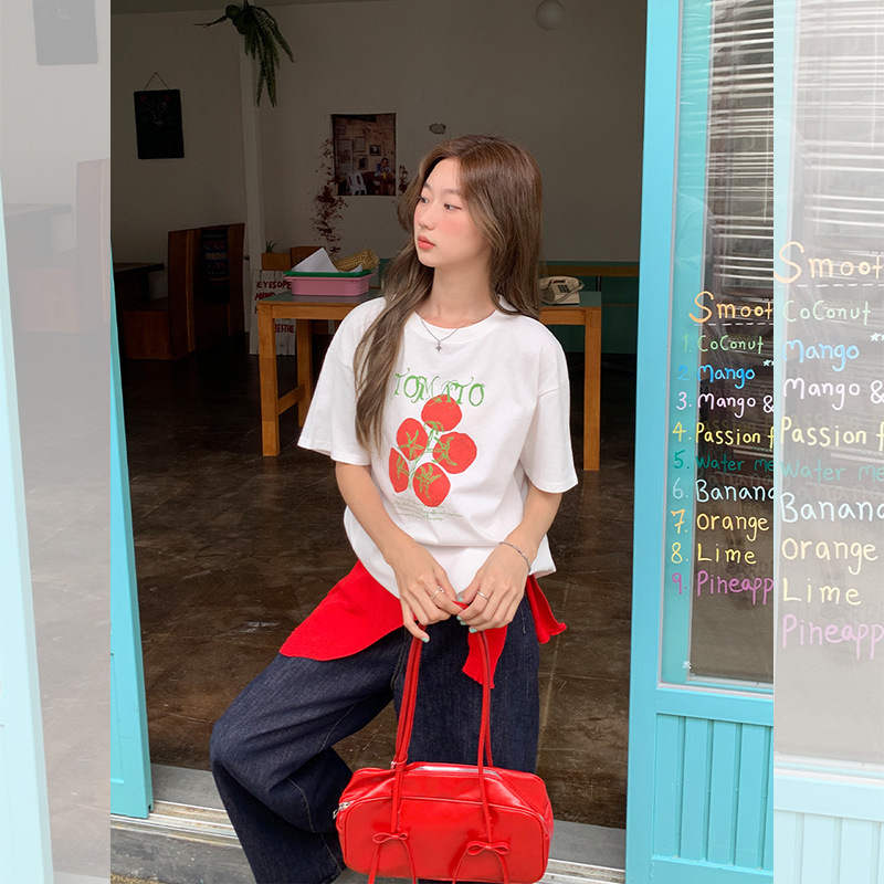 2025 Korean style white tomato short sleeved women's T-shirt summer new design sense niche casual top new designer T-shirt