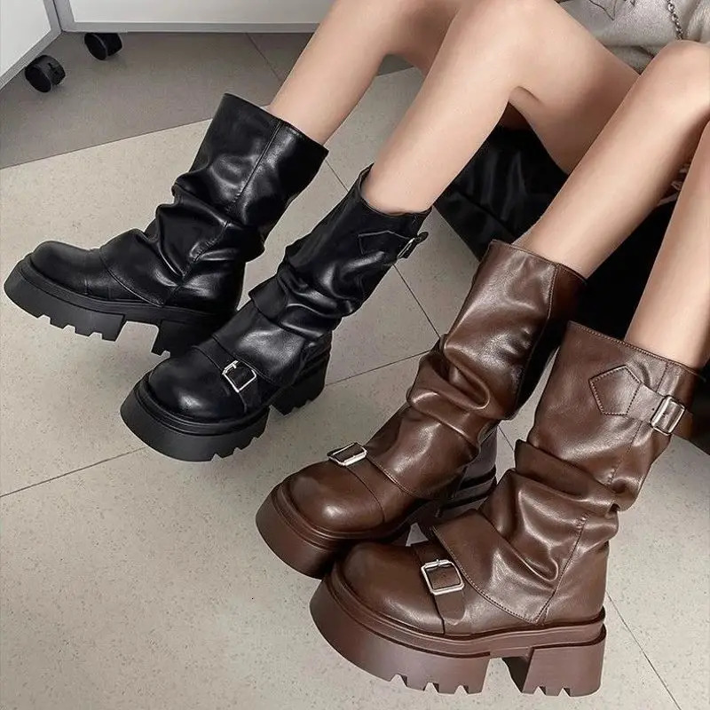 Shoes for Women Mid-Calf Womens Boots Platform Modern Boots Women Belt Buckle Square Toe Side Zip Square Heel Shoes Female 250729