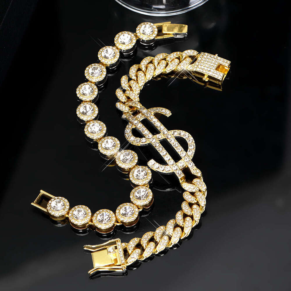 Dia-encrusted Dollar Sign Fashion Creative Classic Personality Cuban Chain Bracelet Jewelry Set