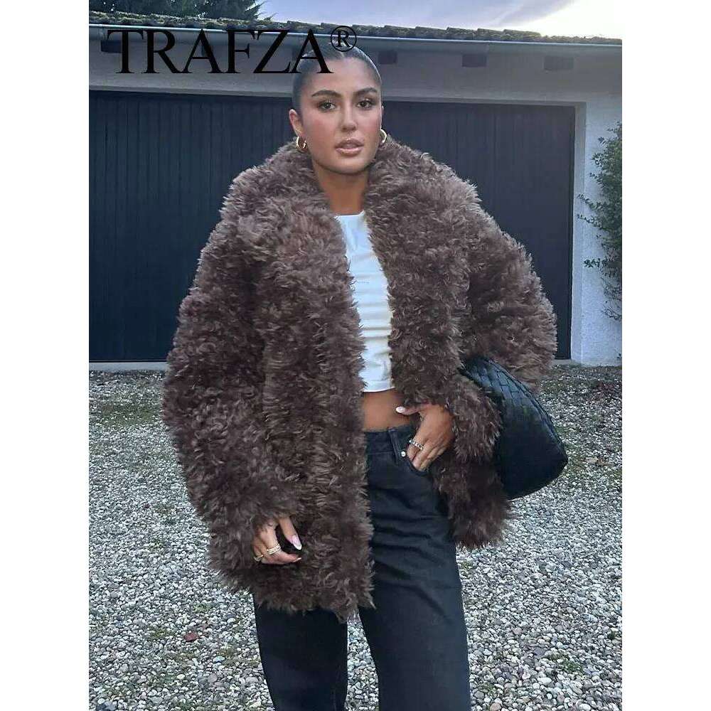 TRAFZA Women Winter Faux Fur Jacket Fashion Woman Slim Solid Brown Side Pockets Lapel Long Sleeves Casual Loose Warm Coat Mujer