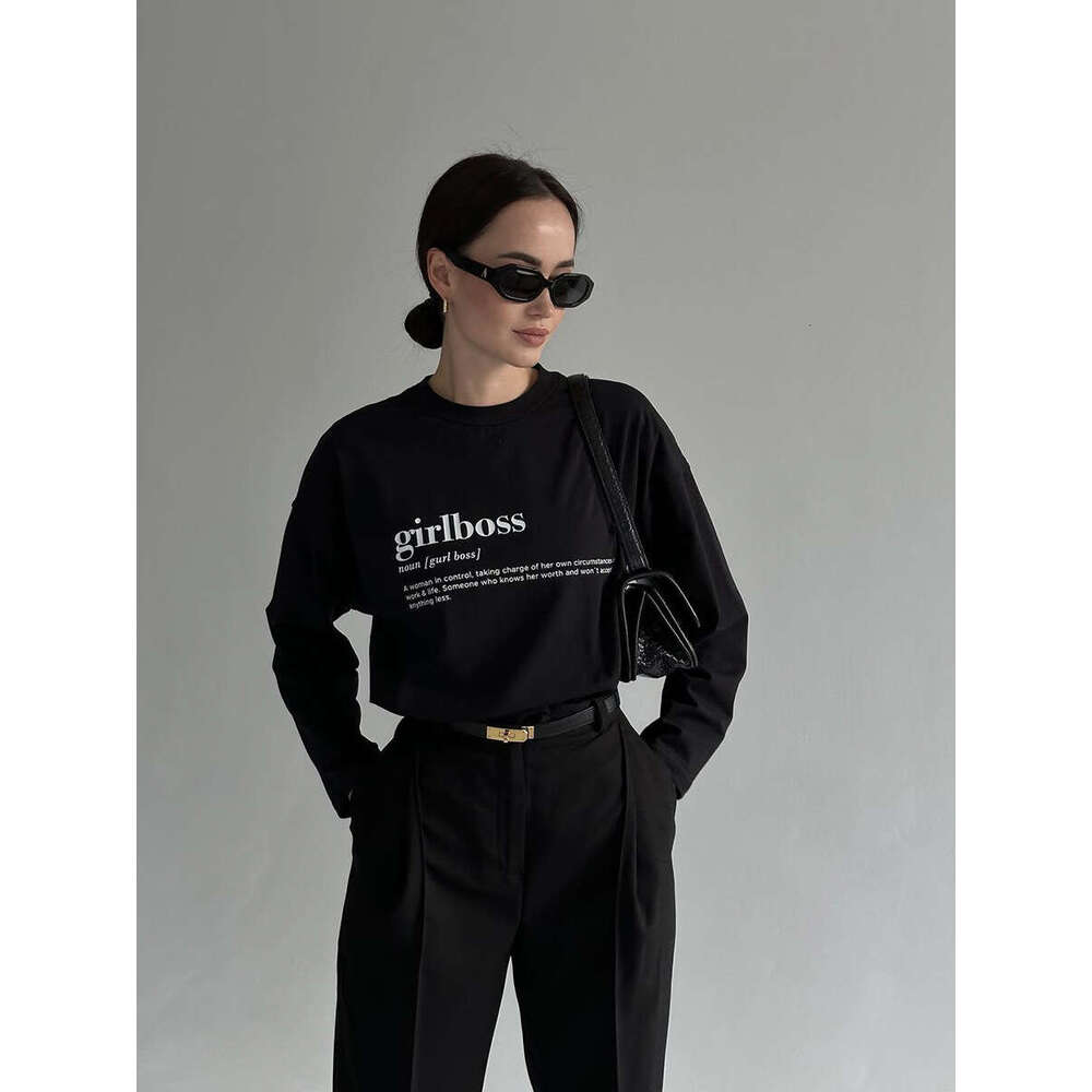 American Style Printed T-Shirt For Women, Pure Cotton Long Sleeve Letter Pattern Loose Top Ins B5