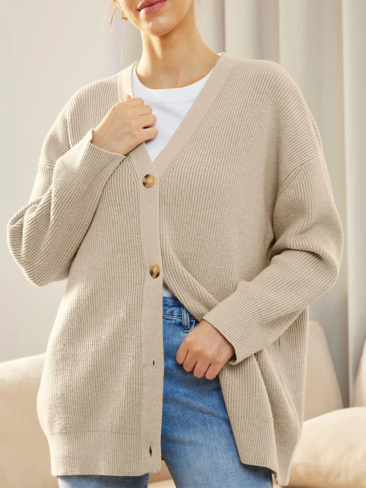 Womens VNeck Knitwear Cardigan Jumper Solid Color Simple Versatile Autumn Winter Style Button Detail Knitted Sweater 250730