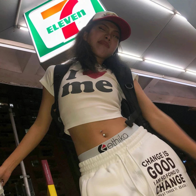 I Love ME letters Print Y2K Harajuku Crop Top Tshirt Summer Women clothes Sexy Tshirt Vintage 2000s short sleeve Crop Tops 250724