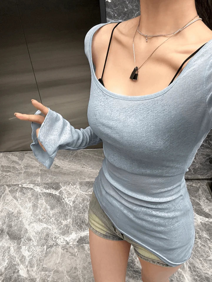 Mesh Sheer Irregular TShirt for Women Long Sleeve SeeThrough Korean Pullover Tops Sexy Autumn Girls Top Tee Shirt Casual 250729