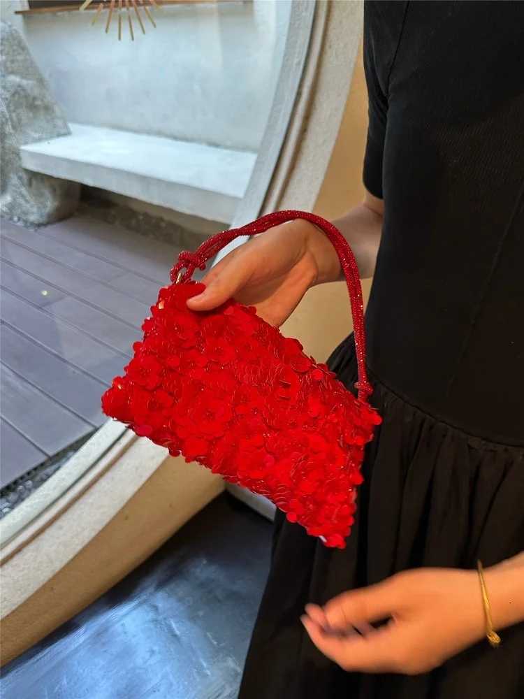 2025 New Designer Mini Shining Sequins Shoulder Bags for Women Fashion Red Flowers Sequins Handbag Versatile Party Purses Y250729