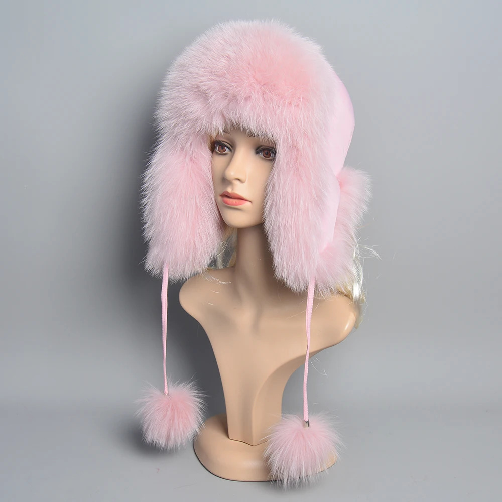 Natural Fox Fur Russian Aviation Hat with Ears Ushanka Women Winter Warm Fluffy Stylish Female Beanie Fashion Fur Hats 250724
