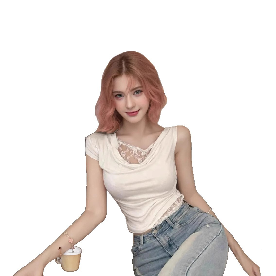 2025 new pure desire style swing collar patch lace short sleeved T-shirt irregular design short top fashionable new designer T-shirt