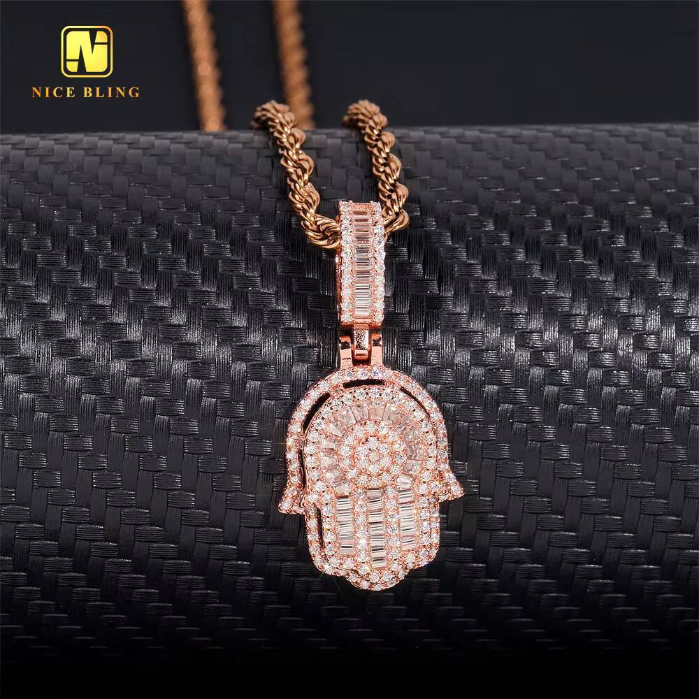Hip Hop Charm Fashion Jewelry 925 Sterling Silver Egyptian Eye Hamsa Hand baguette Diamond Moissanite Pendant