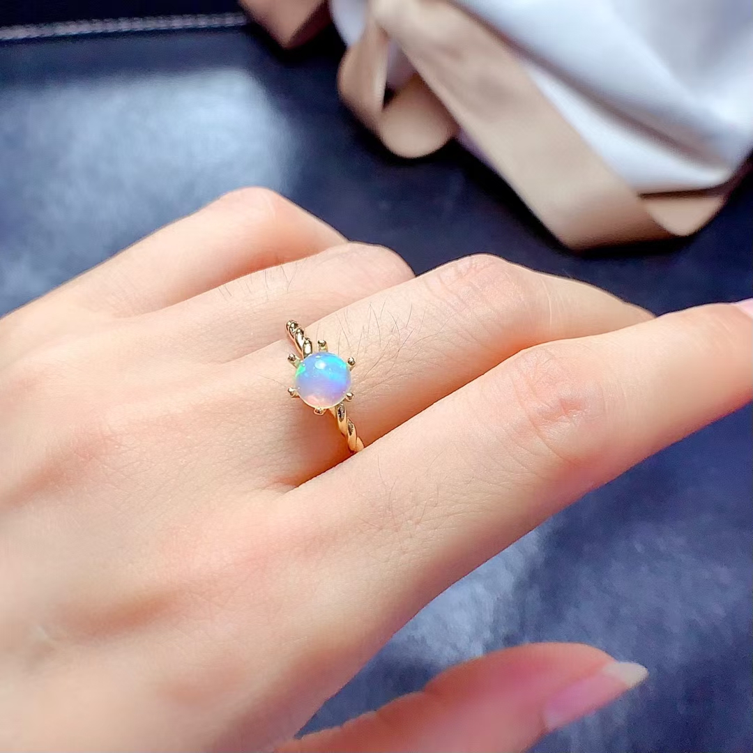 100% Real White Opal Ring for Office Women 6mm Natural Opal Silver Ring 925 Silver gemstone Jewelry with 18K gold plating
