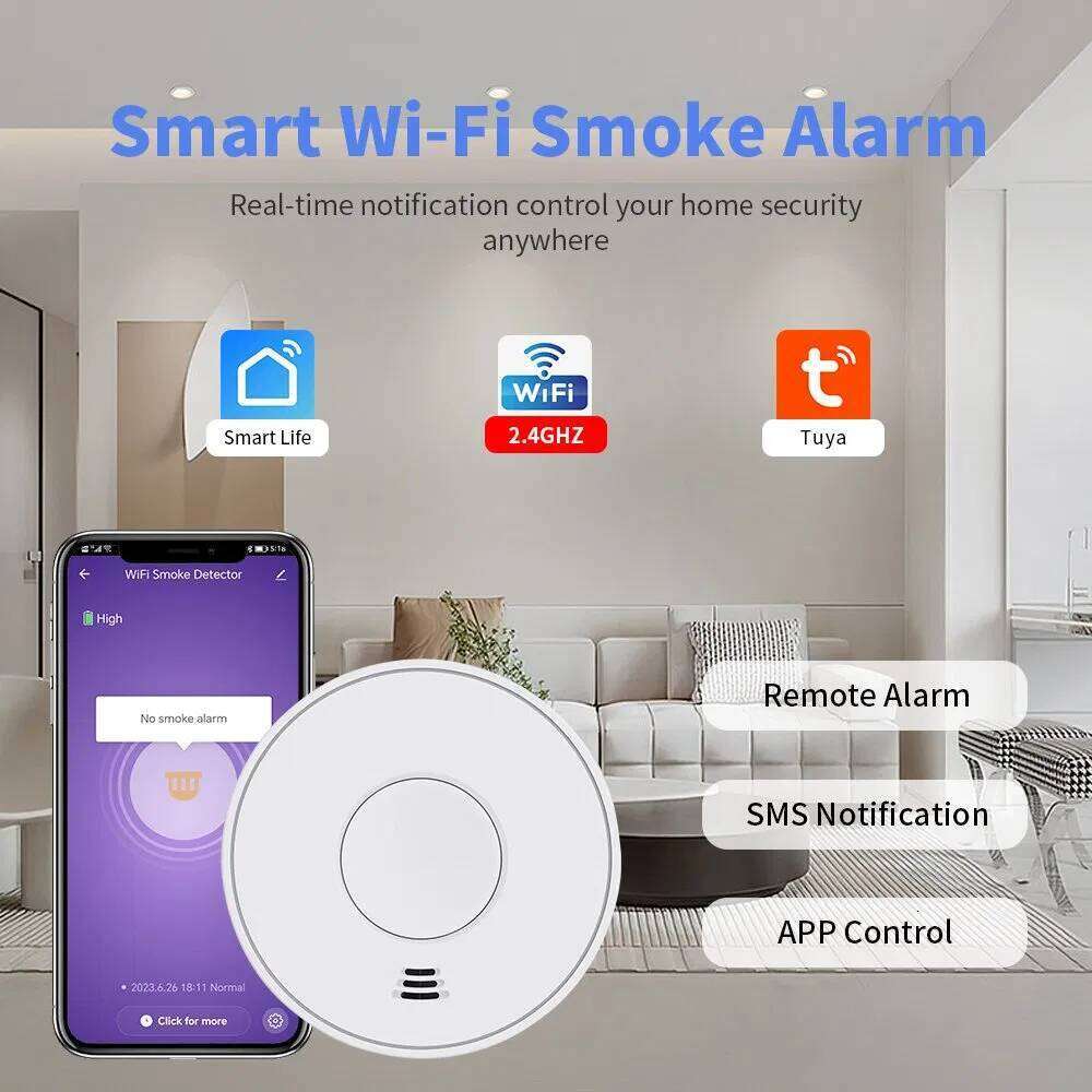 Wi-Fi Smoke Alarm Detector Sealed 10-Year Li-Battery, WiFi Alarm with Tuya APP Control, CE En 14604, V-Come VS01W