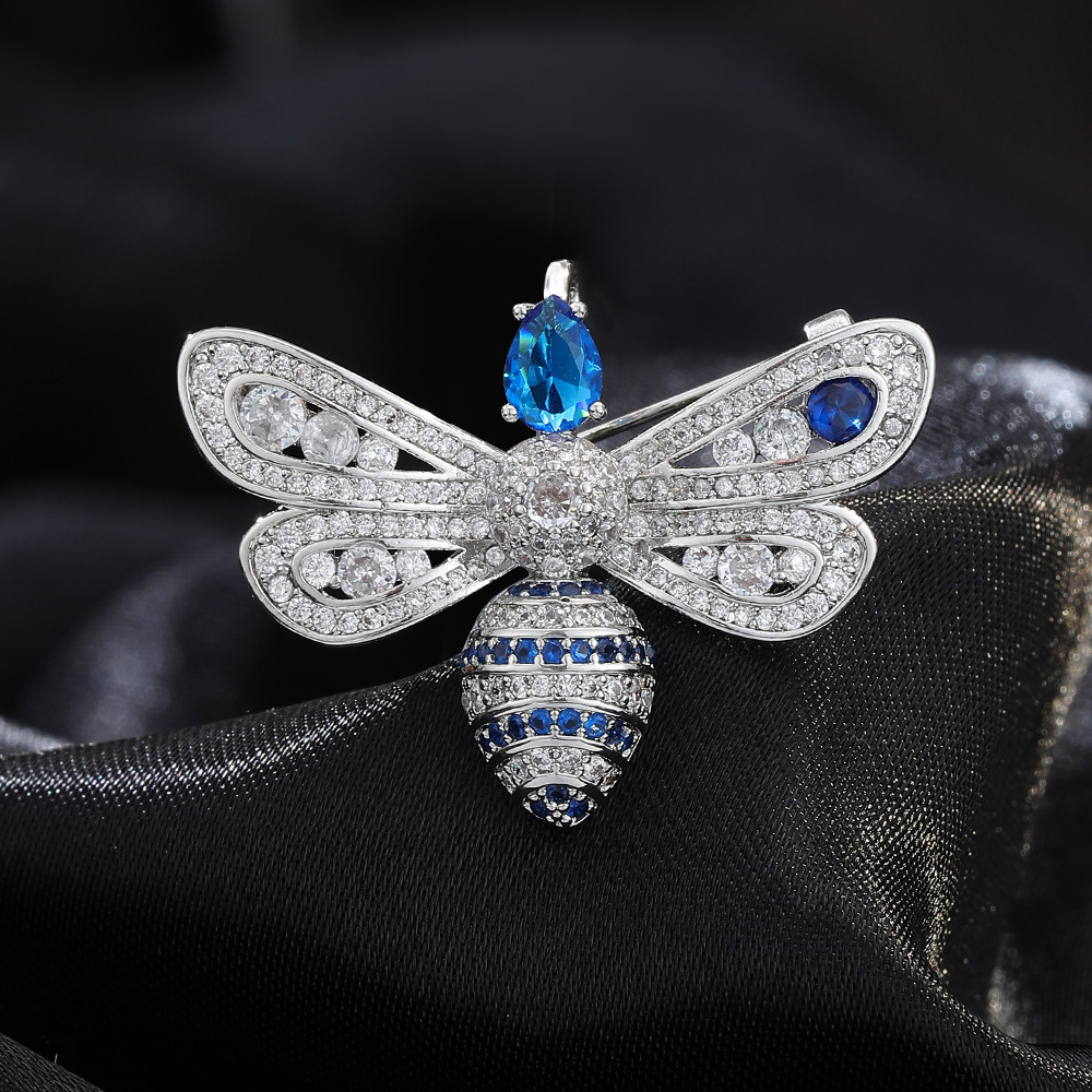Silver Tone Rhinestone - Encrusted Bee Brooch With Blue Gemstone Accents Elegant Party Jewelry And Gift For Her High Quality And Stylish Jewelry