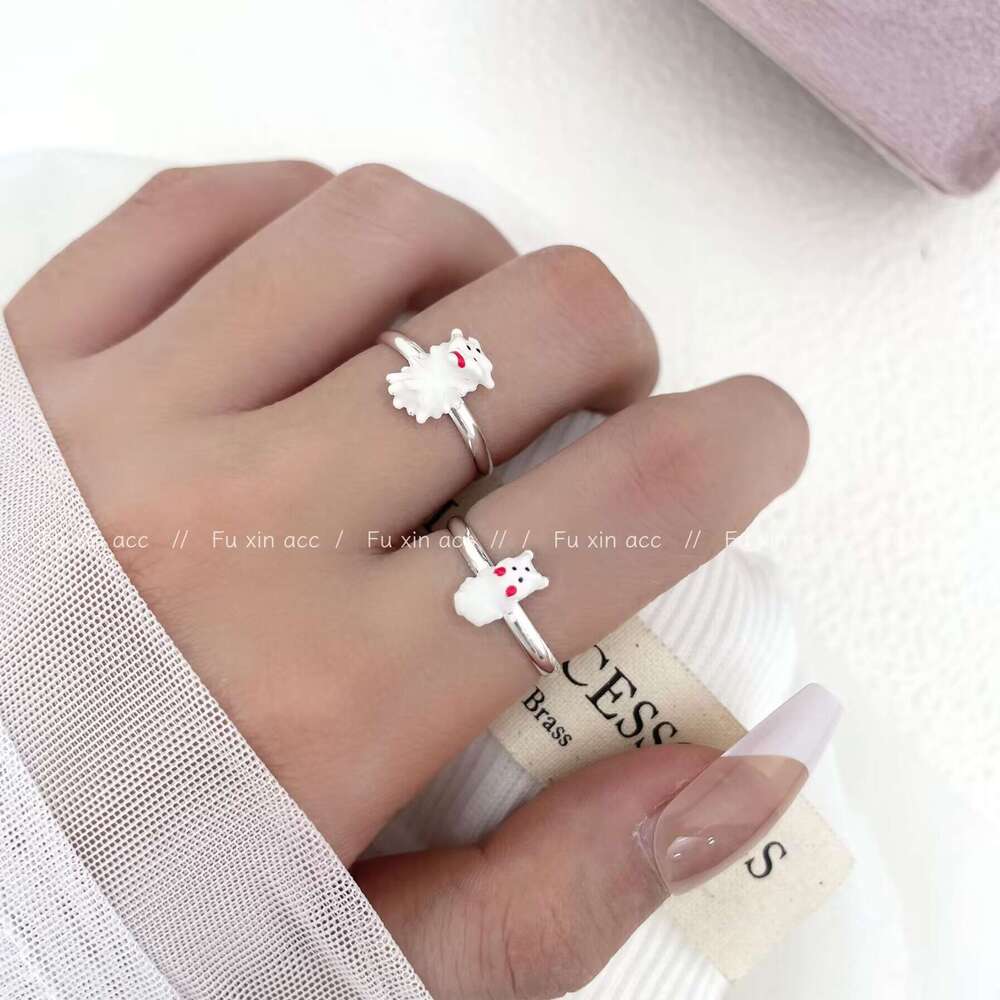 Maltese Red Bow West Highland Dog Light Luxury Small Exquisite Open Ring High-end Jewelry a52