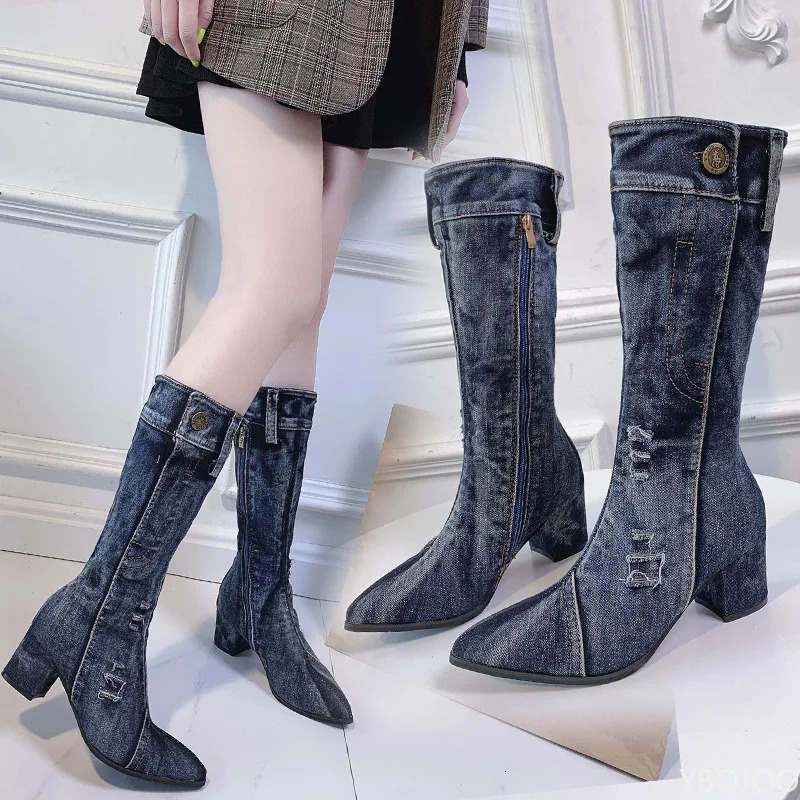 Women Chunky Denim Mid-Calf Boots Block High Heels Boots Winter Fashion Cowboy Western Boots thick heels shoes 250729