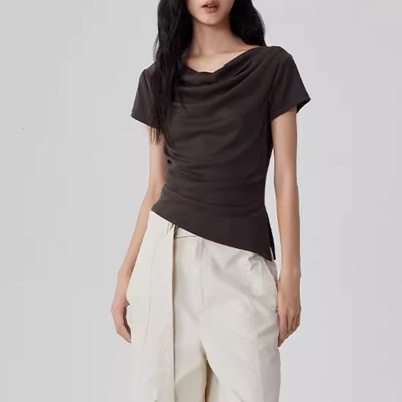 2025 summer new swing collar design short sleeved shirt with waist and slit, women's exquisite top new designer T-shirt