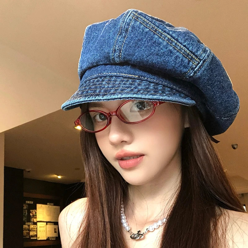Japanese Retro Denim Cloud Berets Cap for Women Spring and Summer Casual Versatile Simple Literary Style Octagonal sboy Hat 250729