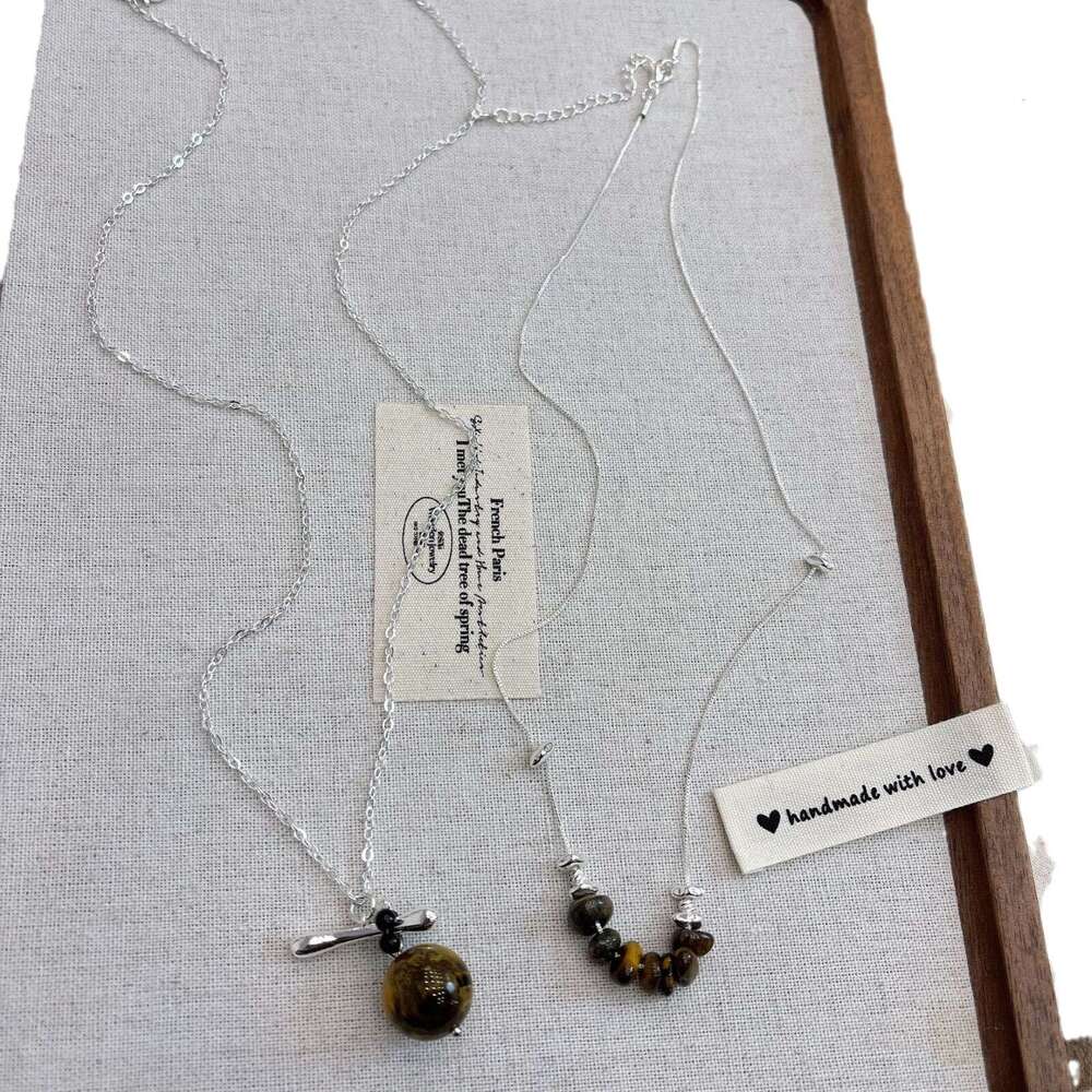 Natural Round Tiger Eye Stone Necklace Melad Elegant Long Sweater Chain for Women Niche Fashionable High-end Simple Accessories e4a