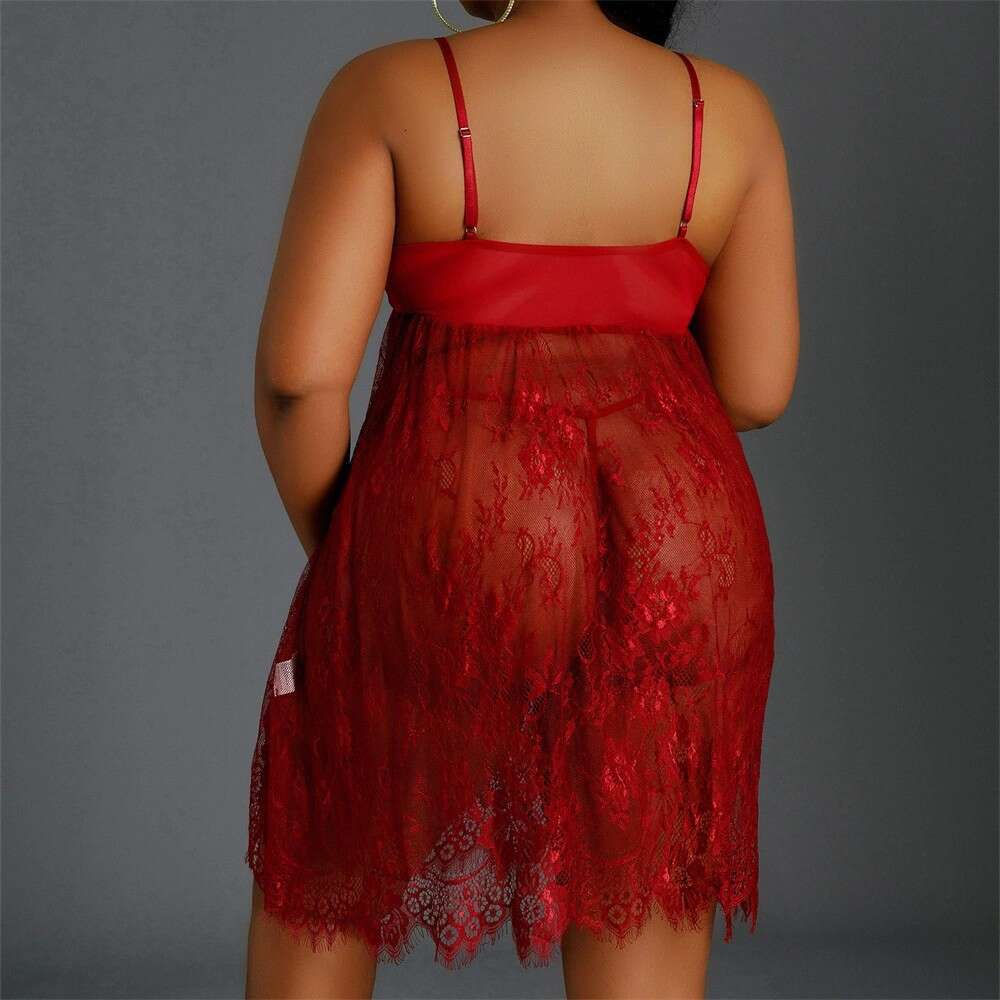 Red lace see through camisole nightgown sexy deep V size pajamas skin friendly soft private seduction home skirt