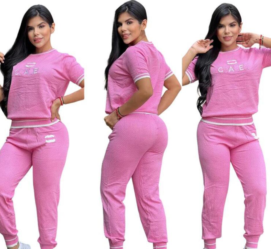 pink Designer Tracksuit Two Piece Set For Women Embroidered top Pants Suit Womens 2 Pieces Jogger Short Sleeve Fashion Tights Suits Woman Outfits