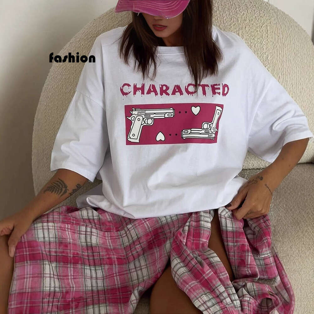 Ins Style Printed T-Shirt For Women, Summer New Versatile Loose Round Neck Pure Cotton Short Sleeve Top B5 h6