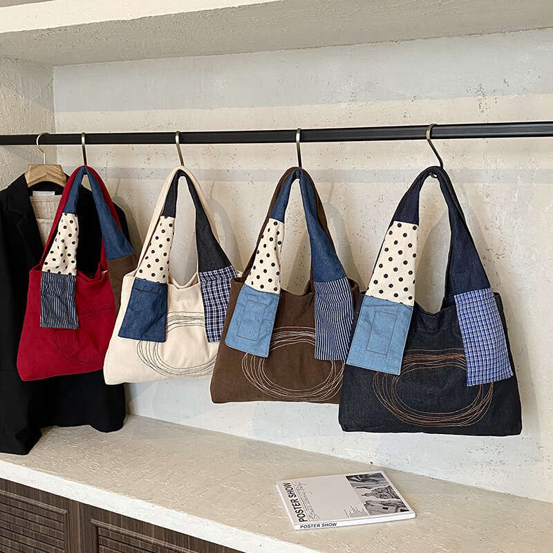 2025 New Artistic Casual Patchwork Corduroy Tote Niche Design Handheld Commuter Shoulder Bag