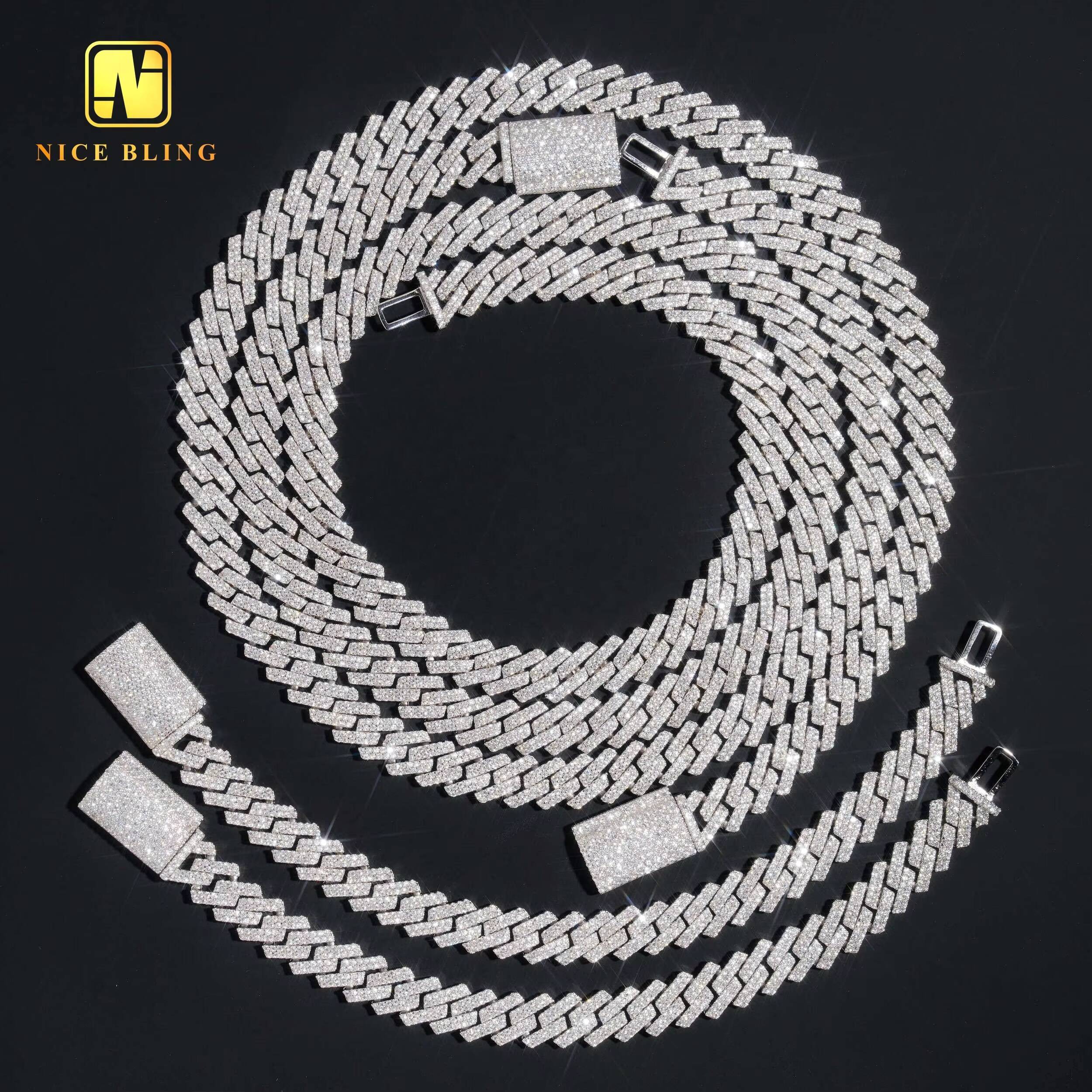 Fashion Men Cuban Link Chains 925 Silver Jewelry Hip Hop Necklace Rhodium Plated 10mm Moissanite Diamond Necklace Bracelet