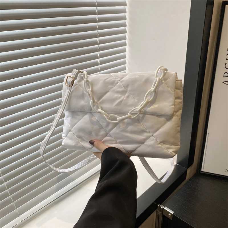 Winter Cott Padded Quilted Handbag For Women Chain Rhbic Pattern Designer Feather Down Bag Purse Ladies Shoulder Tote Bags Y250730