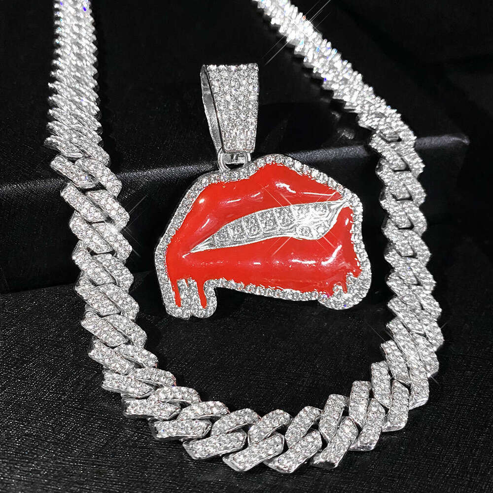Inlaid Dia Oil Drop Sexy Red Lip Pendant Hip Hop Personality Creative Alloy Cuban Chain Necklace