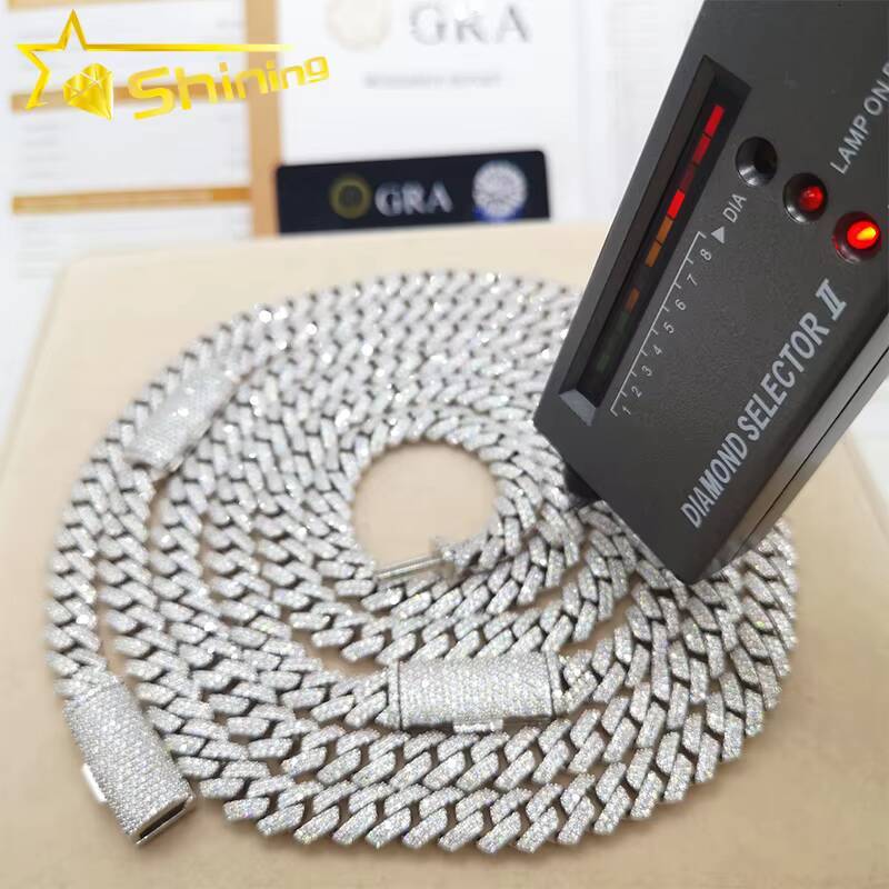 Wholesale Price Ice Out Hip Hop Men Cuban Necklace 10MM 2Rows 925 Sterling Silver Moissanite Miami Cuban Link Chain