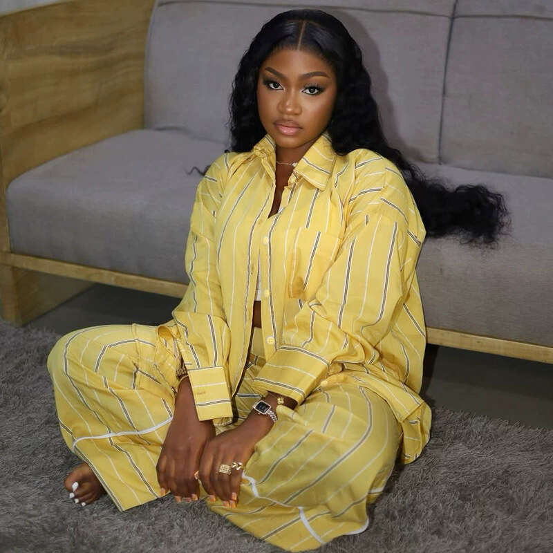 Plus Size Women's New Fashion Casual Loose Striped Shirt And Pants Two-Piece Set For Autumn B5