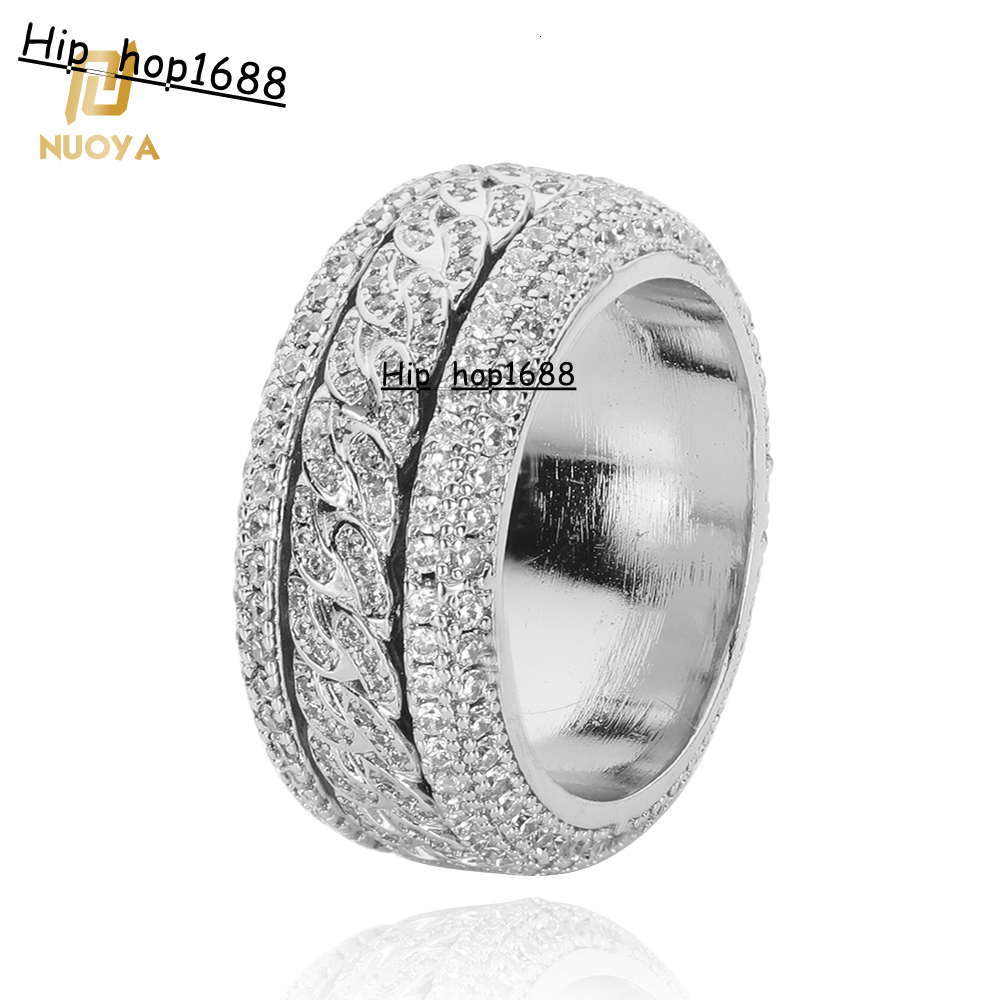 NUOYA Iced Out Bling VVS Moissanite Spinner Cuban Ring 925 Silver Hip Hop Gold Plated Ring Unisex Women Men