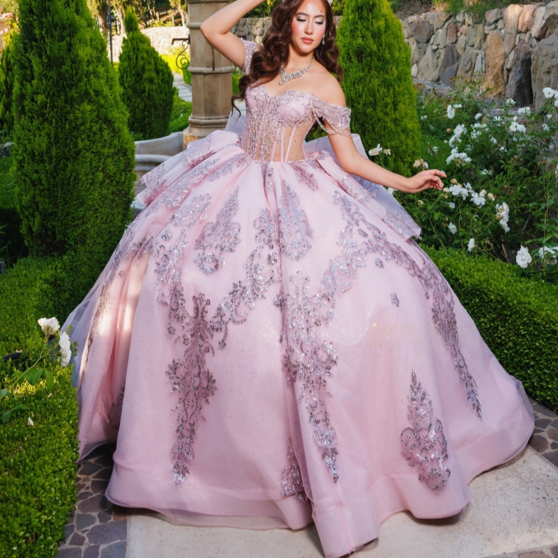 Pink Shiny Quinceanera Dresses Ball Gown Off The Shoulder Sequin Applique Lace Beads Bow Party Birthday Sweet 16 Dress Vestidos 15 De Anos