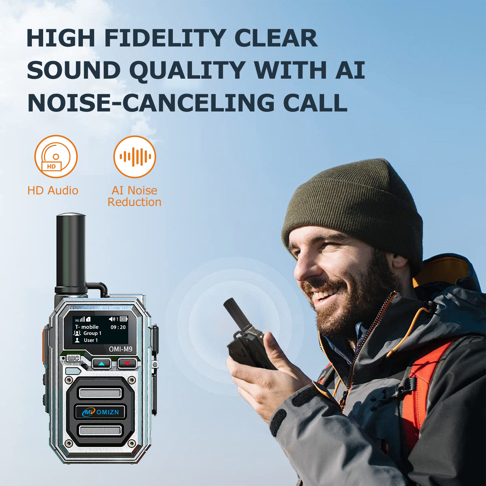 OMIZN M9 4G PoC Global Walkie Talkie Unlimited Range AES256 Type-C Charger AI Noise Reduction IP65 200CH Pre-installed SIM Card 10000 Miles Silver